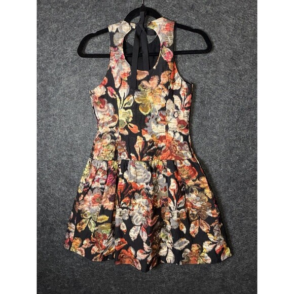 EIFSDOTTIR Size 0 Cocktail Dress Black Multi Floral Shimmer Cutout Back Pockets - Picture 5 of 9